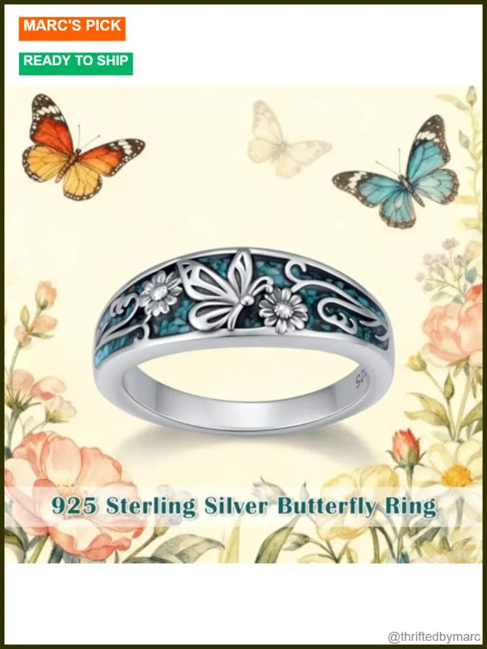 925 Sterling Silver Turquoise Butterfly Ring Boho Statement Jewelry Gift